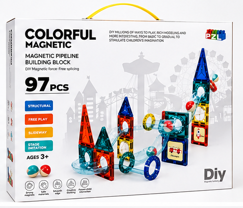 Colorful Magnetic Pipeline Building Blocks 42 Pcs – Magnetic Tiles with Marble Run
