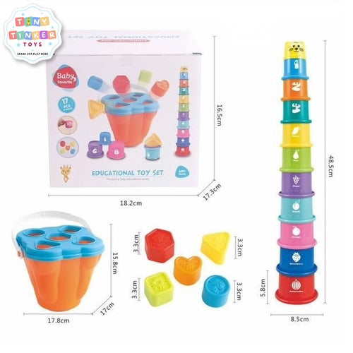 Educational Toy Set 17 Pcs Shape Sorter Bucket and Stacking Tower - Tiny Tinker Toys