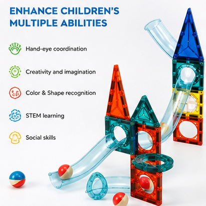 Colorful Magnetic Pipeline Building Blocks 42 Pcs – Magnetic Tiles with Marble Run