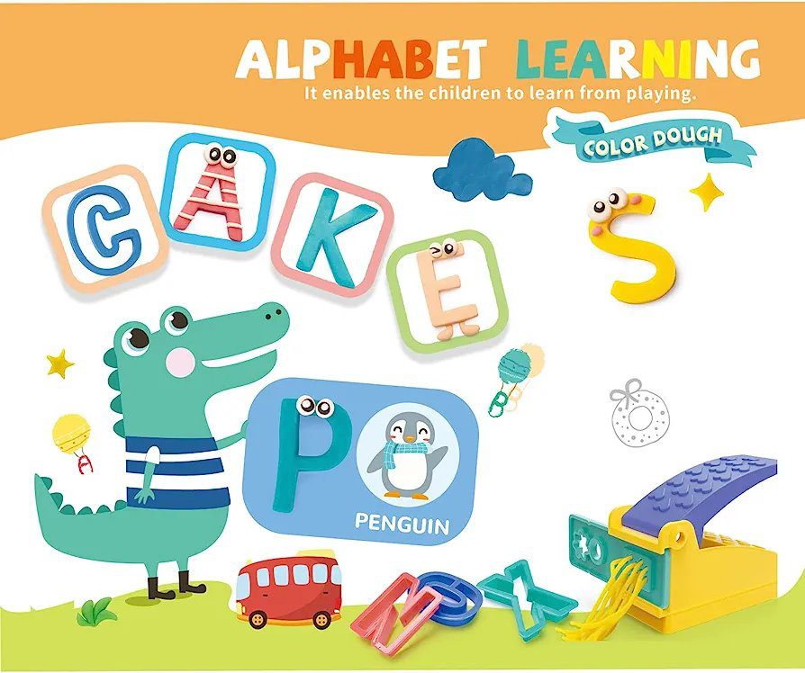 Alphabet Learning Dough Set – ABC Play Dough Kit with Letter Molds & Press