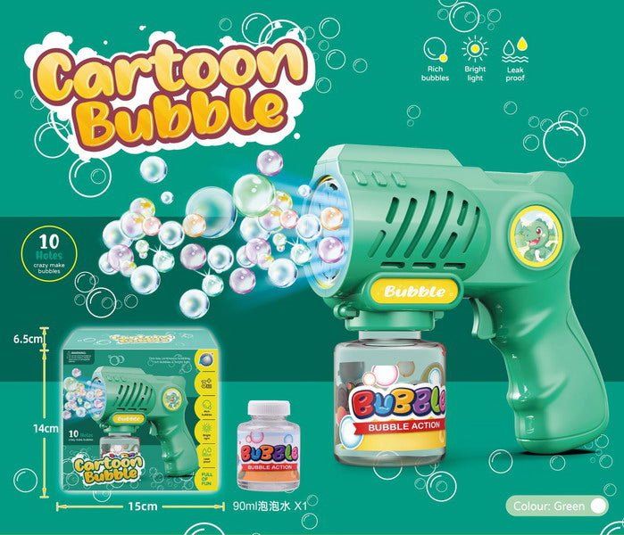 Green cartoon bubble gun toy with LED light