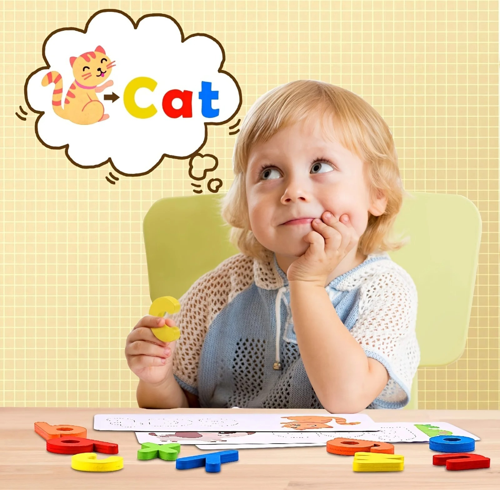Alphabet spelling game with picture word cards for kids